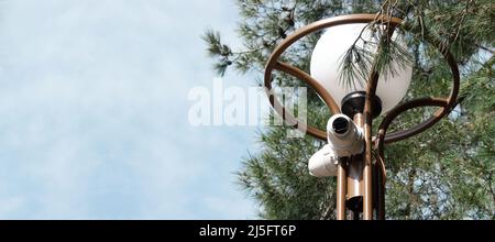 Eine Straßenlampe mit zwei Videoüberwachungskameras, die vor dem Hintergrund von Baum und Himmel installiert sind Stockfoto