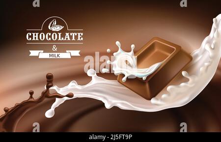 Vektor 3D realistische Illustration, Spritzer von geschmolzener Schokolade und Milch mit fallenden Stücken von Schokoladen-Bars. Verpackungsdesign für Milchschokolade, Templa Stock Vektor