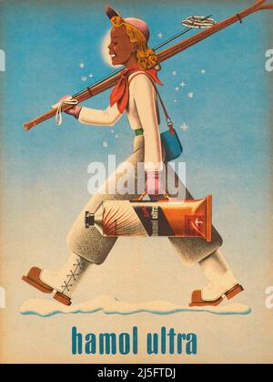 Vintage 1940s Ski Travel Poster - Sonnencreme Hamol Ultra von Alfred RUDIN um 1941 Stockfoto