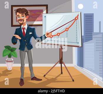 Vector 3D Geschäftsmann in einer Präsentation. Der Manager erstellt den Bericht. Stock Vektor