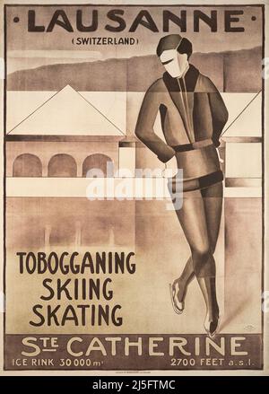 Lausanne, „Schlittenfahren, Schlittschuhlaufen und Skifahren in Ste Catherine über Lausanne“. Ein schönes Art-Deco-Wintersport-Poster von Violette Rossett ca. 1930 Stockfoto