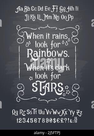 Vektordarstellung von Retro-Schrift, Groß- und Kleinbuchstaben, Zahlen und Symbolen in weißer Kreide auf einer Tafel. Vorlage, Design eleme Stock Vektor