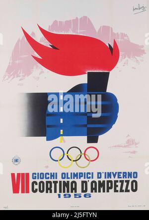 Plakat zu den Olympischen Winterspielen 1956 im Jahr 2014 - VII Olympische Winterspiele, Cortina d'Ampezzo, Italien Stockfoto