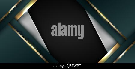 Abstract 3D grün und weiß Streifen Dreiecke Formen mit glänzenden goldenen Linien Lichteffekt auf schwarzem Hintergrund Banner Vorlage Luxus-Stil. Vektor-il Stock Vektor