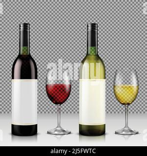 Set von realistischen Vektor-Illustration von Glas Weinflaschen und Gläser mit Weiß-und Rotwein, isoliert, mit Reflexion. Vorlage, moc up, Layout fo Stock Vektor