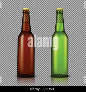 Vector realistische Illustration Set aus transparenten Glasflaschen mit Getränken, bereit für das Branding, ohne Etiketten. Braune und grüne Flaschen für Bier, Soda Stock Vektor