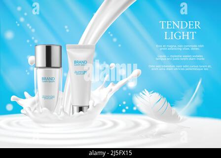 Vektor 3D Illustration, Creme, Lotion, kosmetische Milch für Gesicht und Hände in Glasflasche und einem weißen Schlauch auf einem weichen blauen Hintergrund mit einem Milchspritzer Stock Vektor