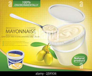Vektor-3D-Illustration, realistisches Poster mit einem mit Oliven-Mayonnaise gefüllten Plastikbehälter und einem nahegelegenen Zweig mit Oliven. Vorlage, Modell für Adverti Stock Vektor