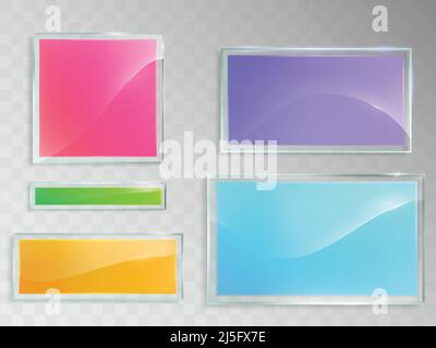 Satz von Vektorgrafiken von Glasbannern in den Farben Rosa, Grün, Blau, Orange, Lila, Isoliert auf grauem Hintergrund. Vorlage, Element für Design. Stock Vektor