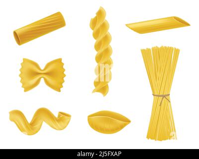 Vektor-Illustration Set von realistischen Ikonen von trockenen Makkaroni verschiedener Art, Pasta, Fusilli, Rigatoni, Farfalle, Twists, Spaghetti, Conchiglie isolieren Stock Vektor