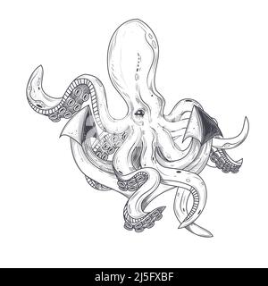 Vektor-Illustration eines Kraken umarmenden Tentakeln eines Schiffs Anker, eine Skizze eines Tattoo, eine Gravur, ein Druck, ein Design-Element Stock Vektor