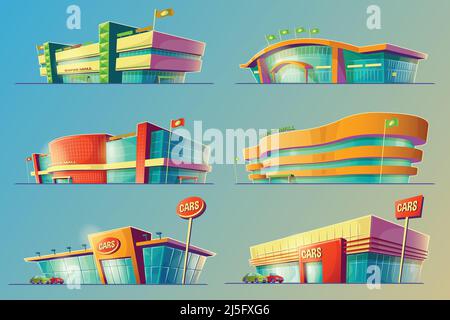 Set von Vektor-Cartoon-Illustrationen, verschiedene Supermärkte Gebäude, Geschäfte und Autohaus. Ikonen der modernen großen Einkaufszentren, Geschäfte. Drucken, Vorlage, de Stock Vektor