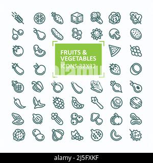 Satz von Vektorsymbolen von Obst und Gemüse im Stil einer dünnen Linie, bearbeitbare Kontur. 32x 32 perfekte Pixel Stock Vektor