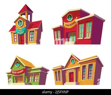 Satz von Vektor-Illustrationen Karikatur von verschiedenen Farben alt, Retro-Bildungseinrichtungen, Schulen isoliert auf weißem Hintergrund. Vorlage, Design eleme Stock Vektor