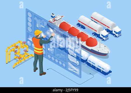 Isometrischer Tanker zur Verladung von verflüssigtem Erdgas am Handelsterminal. Transport, Lieferung, Transport von Erdgas Stock Vektor