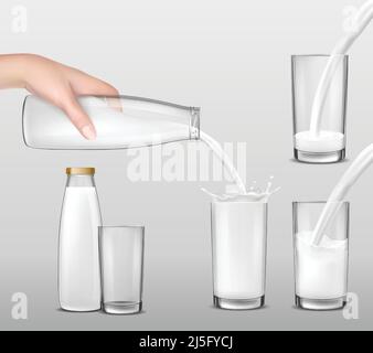 Set von Vektor-realistischen Illustrationen, Hand hält eine Glasflasche mit Milch, Milchprodukt, Joghurt, Kefir und Gießen sie in Trinkgläser. Drucken, Stock Vektor