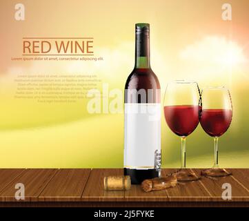 Vektor-Illustration, helles realistisches Poster mit Glasweinflaschen und Gläsern mit Rotwein auf einem Holztisch stehend. Vorlage, moc für Werbung Stock Vektor