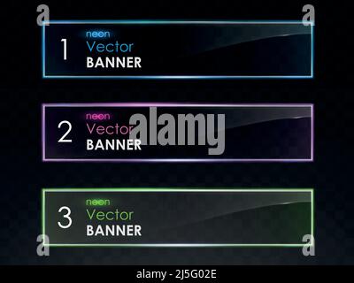 Glänzende Banner mit Neon-Lichteffekt-Vektor auf transparentem Hintergrund. Horizontale rechteckige Rahmen mit realistischem fluoreszierendem Colorfu beleuchtet Stock Vektor