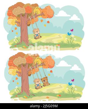 Niedliche Teddybären Kinder schwingen auf Baum Schaukel auf Wiese Cartoon-Vektor-Set. Herbstliche Romantik, Freundschaft zwischen Jungen und Mädchen, zartes romantisches Gefühl concep Stock Vektor