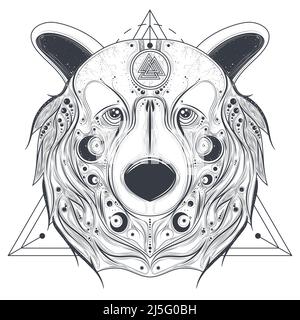 Grizzly Bär Kopf mit alten heidnischen valnut Symbol auf Stirn Linie Kunst Vektor Illustration isoliert auf weißem Hintergrund. Totem Tier mit abstrakten Stock Vektor