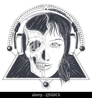Vektor-Illustration einer Vorlage für ein Tattoo, Frau Gesicht und Schädel. Design-Element, Druck für T-Shirts Stock Vektor