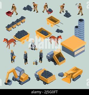 Set aus 18-ten Jahrhundert und moderne Minenarbeiter mit Arbeitswerkzeugen, Pferdewagen mit Kohle, Bergbau-Ausrüstung, Steinbruch Industriemaschinen und Fabrik iso Stock Vektor