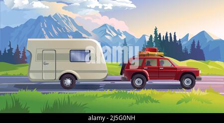Vektordarstellung einer Berglandschaft mit Nadelwald und dem Auto im Vordergrund Stock Vektor