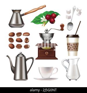 Vektor-Set von Symbolen - Kaffeebeeren und Körner, Türkin, Handmühle, Kaffeekocher, Tasse und Untertasse, Ein Plastikbecher, Löffel, Zuckerklumpen, Creme Stock Vektor