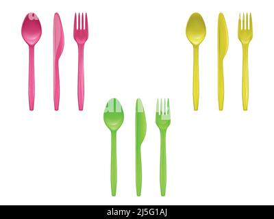 Vector 3D realistisches Set von Einweg-Kunststoff-Geschirr, Messer, Löffel, Gabeln zum Essen oder Servieren von Lebensmitteln verwendet, isoliert auf dem Hintergrund. Farbenfrohes Cutle Stock Vektor