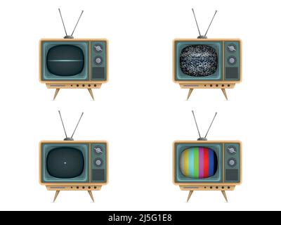 Vektor-Illustration von Vintage-fernseher, Fernsehen. Einschalten, Ausschalten, weißes Rauschen, Testkarte, Test-up-Closedown-Test. Retro elektrische Video-Display für Stock Vektor