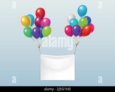 Vektor realistische Illustration von leeren Textil-Banner, fliegen mit bunten glänzenden Ballons isoliert auf dem Hintergrund. Dekorationselement mit quadratischem Whi Stock Vektor