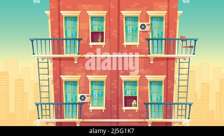 Vektor-Illustration der Fassade Wohn mehrstöckige Wohnung, Haus außerhalb Konzept, privates Gebäude mit Feuerausbrüchen. Architektur in Cartoon s Stock Vektor