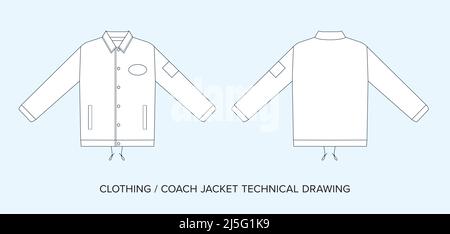 Vorlage für technische Zeichnungen der Busjacke. Mode Streetwear editierbare Vektor, zwei Seiten des Kleidungsstücks. Schwarz-weiße Bekleidungsschaltpläne auf isoliertem Bac Stock Vektor