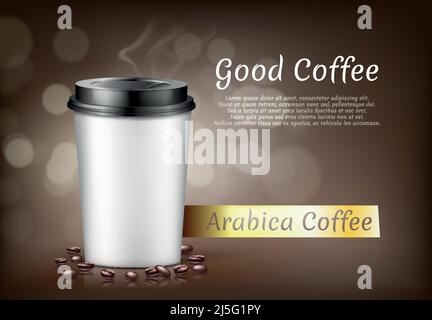 Vector realistisches Banner mit einer Tasse arabica-Kaffee zum Mitnehmen und Bohnen, Karton-Behälter für heiße Getränke zum Mitnehmen. Plastikbecher mit Deckel auf braunem Boden Stock Vektor