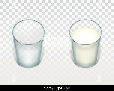 Vector Set mit zwei realistischen transparenten Gläsern, sauber und leer, gefüllt mit Milch, Rahm oder Joghurt isoliert auf lichtdurchlässigem Hintergrund. Glaswaren für Stock Vektor