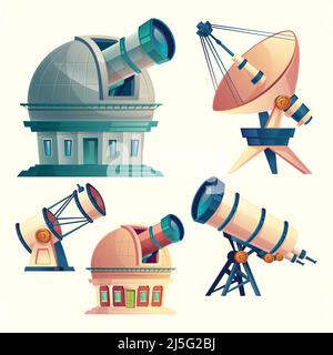 Vektor-Cartoon-Set mit astronomischen Teleskopen, Observatorien, Planetarium, Satellitenschüssel. Wissenschaftliche Geräte und optische Geräte mit Linsen für Stock Vektor