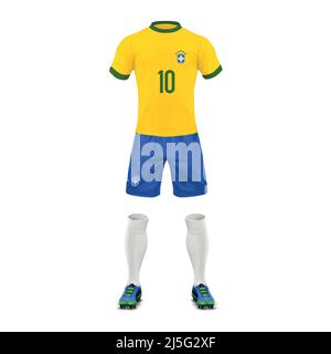 Vektor realistische Fußballuniform einer brasilianischen Mannschaft, Satz von Sportbekleidung, Hemd, Shorts, Socken und Stiefel, isoliert auf dem Hintergrund. Nachbau des brasilianischen Fußes Stock Vektor