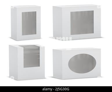 Vektor-Set aus realistischen leeren Kartons mit transparenten Fenstern isoliert auf dem Hintergrund. Cliparts mit Karton oder Papier weißen Verpackungen, Geschenkverpackung Stock Vektor