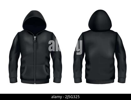 Vector realistischer schwarzer Hoodie mit Reißverschluss, mit langen Ärmeln und Taschen, lässiges Unisex-Modell, Sportswear, Sweatshirt mit Kapuze isoliert auf dem Hintergrund Stock Vektor