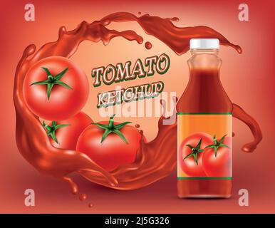 Vector 3D realistisches Poster von Ketchup in Kunststoff- oder Glasflasche mit Spritzer von zerkleinerten Tomaten, frischem Gemüse. Banner mit roter Flüssigkeit im Glas. H Stock Vektor