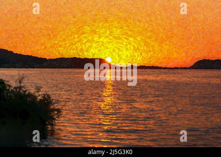Sonnenuntergang an der Lagune von gialova. Die Lagune von gialova ist eines der wichtigsten Feuchtgebiete in Europa. Digitale Lackierung. Stockfoto
