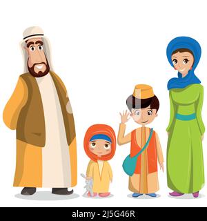 Vector arabische Familie in nationaler Kleidung. Eltern, Kinder in muslimischen Kostümen, islamische Kleidung. Menschen in Hijab, Turban, Schädelkappe, Robe. Glücklich araber Stock Vektor