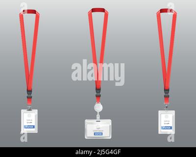 Vektor-Set mit drei realistischen Plastiktabzeichen, Halterungen mit Clips, Schnallen und roten Lanyards, Ausweise für Präsentations- oder Konferenzbesucher, Presse, Stock Vektor