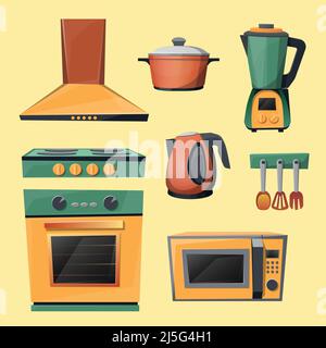 Vector Cartoon Set von Küchengeräten - Mikrowelle, Wasserkocher, Mixer, Mixer, Herd mit Abzugshaube, Pfanne, Schüssel. Haushaltsgegenstände, Kochraum Stock Vektor