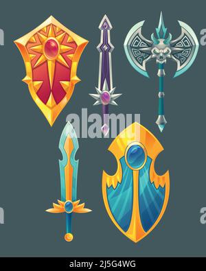 Vektor-Set von Fantasy-Elemente, Märchen Spiel Design-Objekte auf grauem Hintergrund isoliert. Goldenes Schwert mit Kristall, silbernem Messer, Klinge, vergoldeter Magie Stock Vektor
