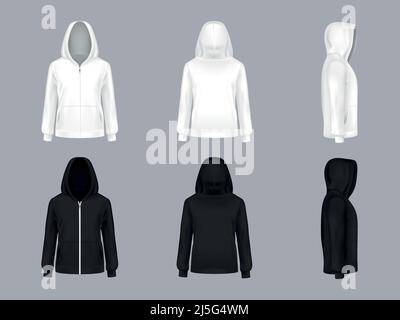 Vector realistischer weißer und schwarzer Hoodie mit langen Ärmeln und Taschen, vorne, hinten, Seitenansicht, lässiges Unisex-Modell, Sportswear, Sweatshirt mit Kapuze i Stock Vektor