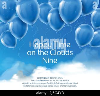 Glückliche Zeit auf den Wolken neun, Vektor-Banner mit positivem Zitat. Motivierende inspirierende Phrase, Worte der Weisheit, Sprichwort. Realistisches Konzept Stock Vektor