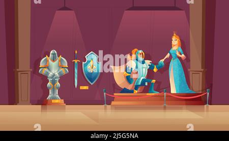 Vector Museumskonzept, mittelalterliche Ausstellung. Gepanzerter Ritter mit Helm, Prinzessin in blauem Seidenkleid, Statue des Kriegers, alter Schild. Ausflug vor Ort Stock Vektor