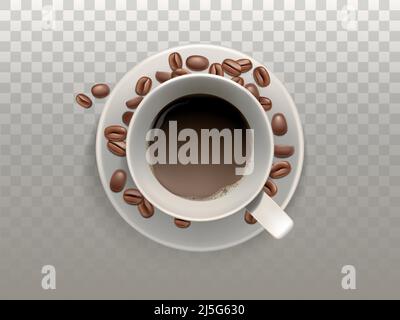 Vector 3D realistische Tasse Kaffee auf der Untertasse mit Bohnen isoliert auf durchsichtigem Hintergrund. Blick von oben auf arabica-Getränk, Espresso, Cappuccino, Latte. Stock Vektor