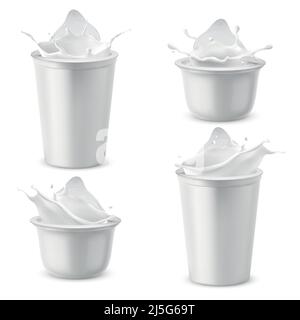 Vector 3D realistische Kunststoffverpackungen mit Joghurt. Molkerei saure Creme spritzt mit Foliendeckel. Modellbildung von landwirtschaftlichen Produkten auf weißem Hintergrund isoliert. Diffe Stock Vektor
